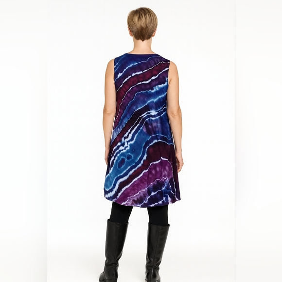 Medium Sleeveless Tunic Purple and Blue Geode Style Tie Dye Top - Picture 2 of 5